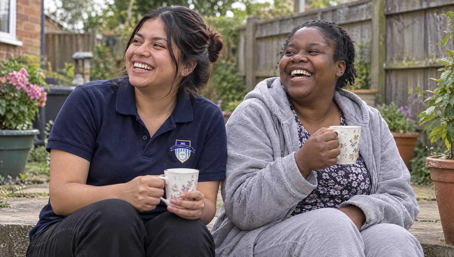 An MMD support worker and a client having tea in the garden